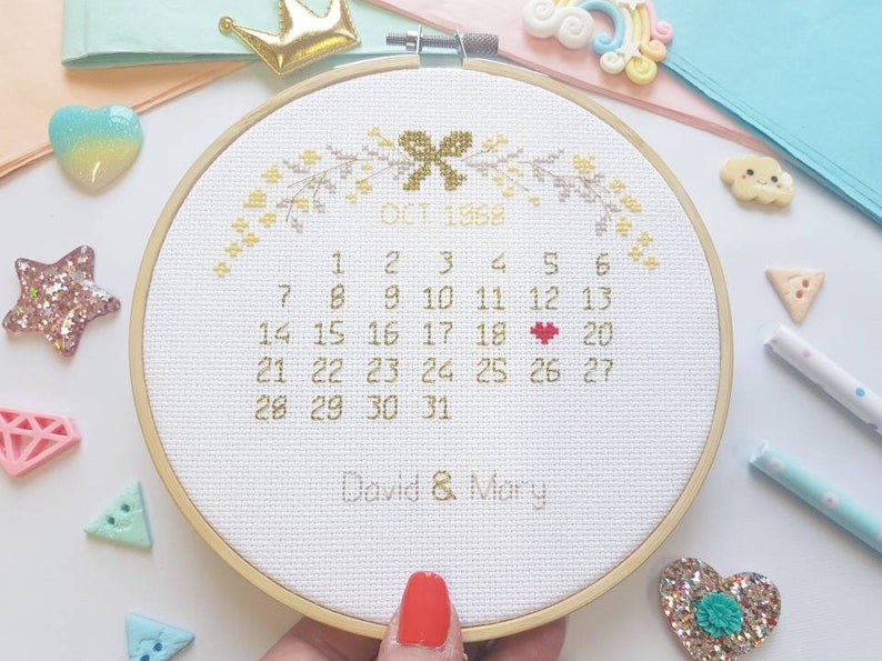 Calendar Special Date Cross Stitch Custom Golden Wedding Anniversary Calendar Gift Modern Floral Cross Stitch Save the Date Calendar image 1