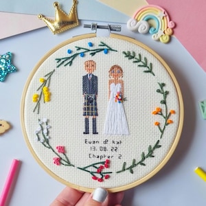 Puede incluir: Un bastidor de bordado con una escena de boda bordada. El dise&ntilde;o incluye a una novia y un novio, rodeados por una corona floral. El texto "Euan & Kat 13.08.22 Chapter 2" est&aacute; bordado debajo. El bastidor es sostenido por una mano.