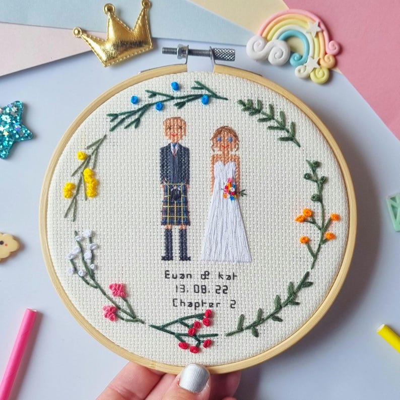 Puede incluir: Un bastidor de bordado con una escena de boda bordada. El dise&ntilde;o incluye a una novia y un novio, rodeados por una corona floral. El texto "Euan & Kat 13.08.22 Chapter 2" est&aacute; bordado debajo. El bastidor es sostenido por una mano.