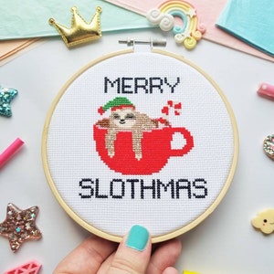 Merry Slothmas Cross Stitch Kit Sloth Cross Stitch Christmas Cross Stitch Kits Christmas embroidery kit Sloth Gifts Gift for her image 5