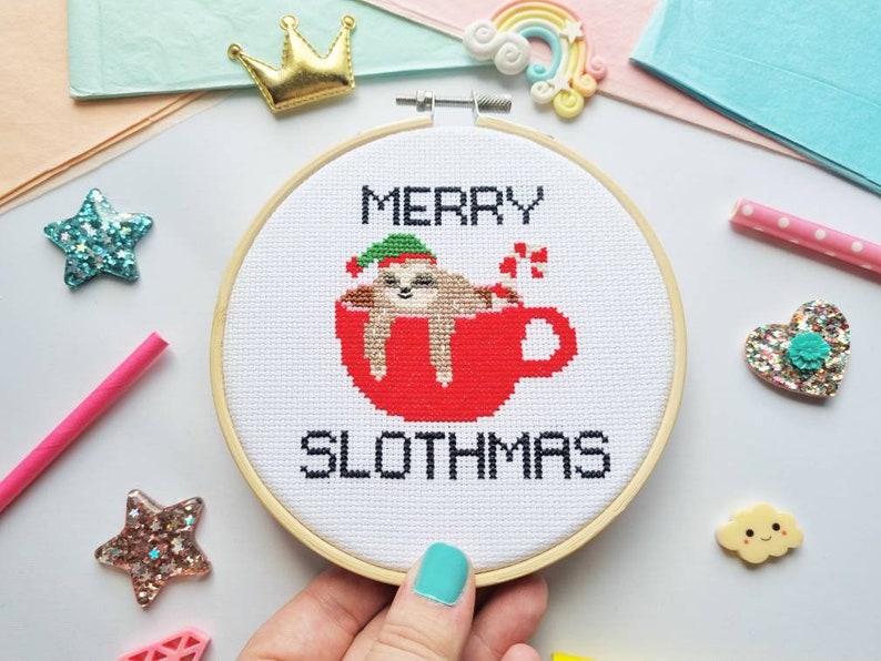 Merry Slothmas Cross Stitch Kit Sloth Cross Stitch Christmas Cross Stitch Kits Christmas embroidery kit Sloth Gifts Gift for her image 5