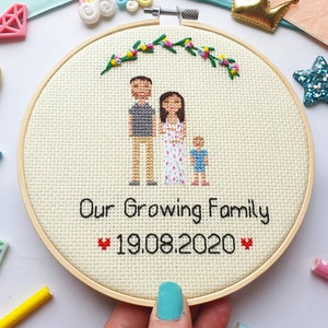 Regalo personalizado para aniversario de bodas - Para ella - Para él - Retrato familiar en punto de cruz - Regalo de aniversario en algodón - Idea de regalo de Navidad