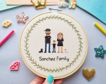 Cotton Anniversary Gift -  Cross Stitch Family Portrait - Anniversary Gift for Him - Custom Family Portrait - Personalized Gift Ideas