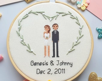 Wedding Cross Stitch - Anniversary Gift - Custom Portrait - Personalised Mr & Mrs Gift - Gift for Him - Cotton Anniversary Gift - Husband