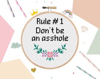 Funny Floral Cross Stitch Pattern - 'Don't be an Asshole' (Digital Download)