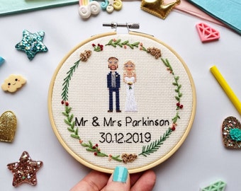Cotton Anniversary Gift - Cross Stitch Family Portrait - Anniversary Gifts for Him - Custom Family Portrait - Personalized Gift Ideas