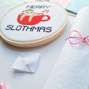 Merry Slothmas Cross Stitch Kit Sloth Cross Stitch Christmas Cross Stitch Kits Christmas embroidery kit Sloth Gifts Gift for her image 2