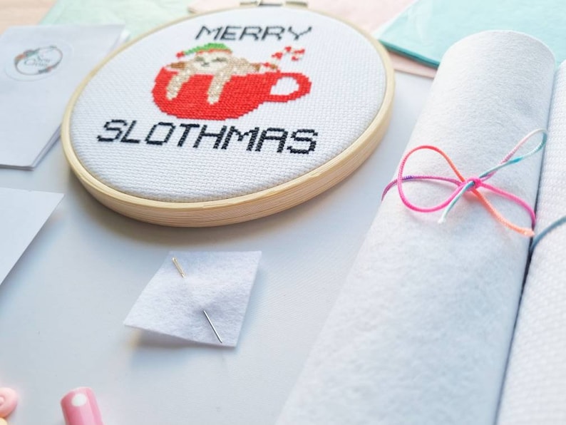 Merry Slothmas Cross Stitch Kit Sloth Cross Stitch Christmas Cross Stitch Kits Christmas embroidery kit Sloth Gifts Gift for her image 2