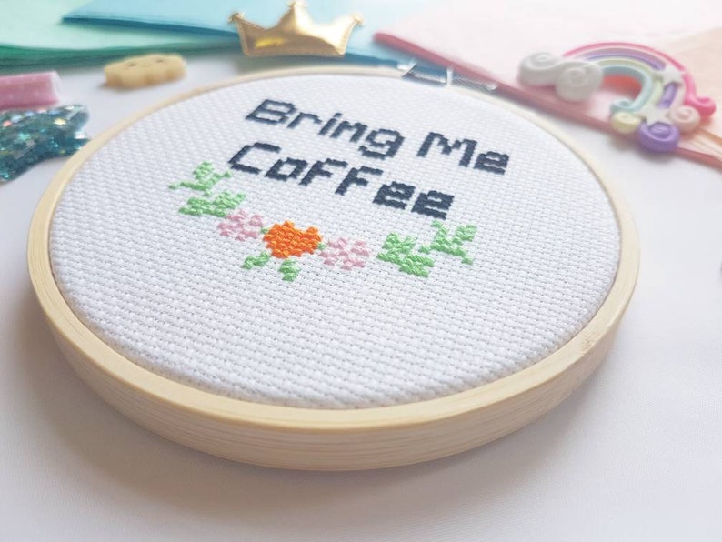 Coffee Lover Gift Coffee Cross Stitch Hoop Coffee Addict Bring Me Coffee Cross Stitch Coffee Gift Idea Coffee Decor UK image 2