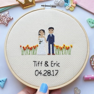Puede incluir: Un bastidor de bordado de punto de cruz con una novia y un novio con un borde floral. Los nombres "Tiff & Eric" y la fecha "04.28.17" est&aacute;n bordados debajo. El bastidor es de madera y el fondo es de tela beige claro.