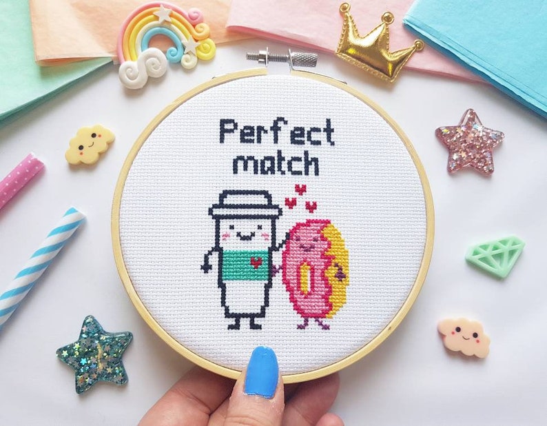 cross stitch kit for boyfriend, perfect match gift, craft kit, kawaii cross stitch image 5