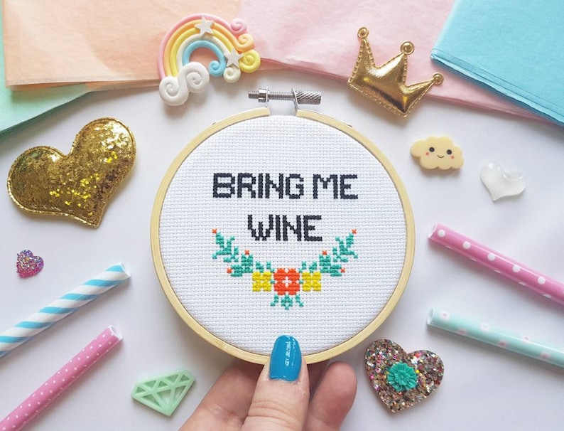 Wine Gift Bring Me Wine Wine Wine Art Wine Cross Stitch Hoop Wine Embroidery Gifts for Wine Lovers Wine Quotes Wine Sign image 1