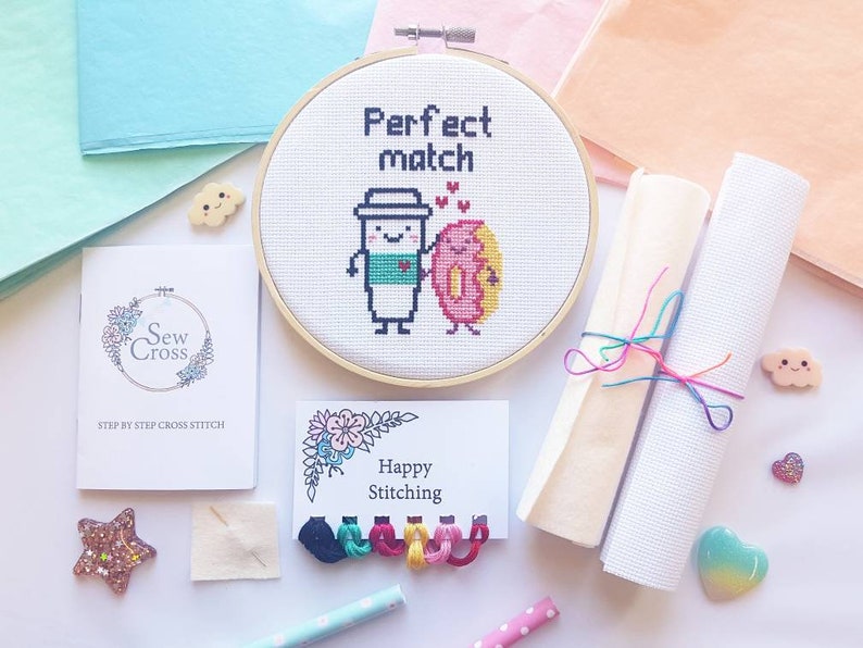 cross stitch kit for boyfriend, perfect match gift, craft kit, kawaii cross stitch image 1