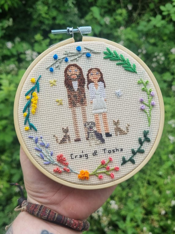 Cotton Anniversary Gift for Him, Wedding Anniversary Gift, Embroidered Family Keepsake, Custom Portrait, Personalised Mr and Mrs Gift