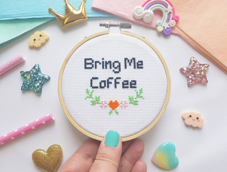 Coffee Lover Gift Coffee Cross Stitch Hoop Coffee Addict Bring Me Coffee Cross Stitch Coffee Gift Idea Coffee Decor UK image 1