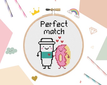 Kawaii Coffee & Donut Cross Stitch Pattern – Match (PDF Pattern