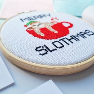 Merry Slothmas Cross Stitch Kit Sloth Cross Stitch Christmas Cross Stitch Kits Christmas embroidery kit Sloth Gifts Gift for her image 4