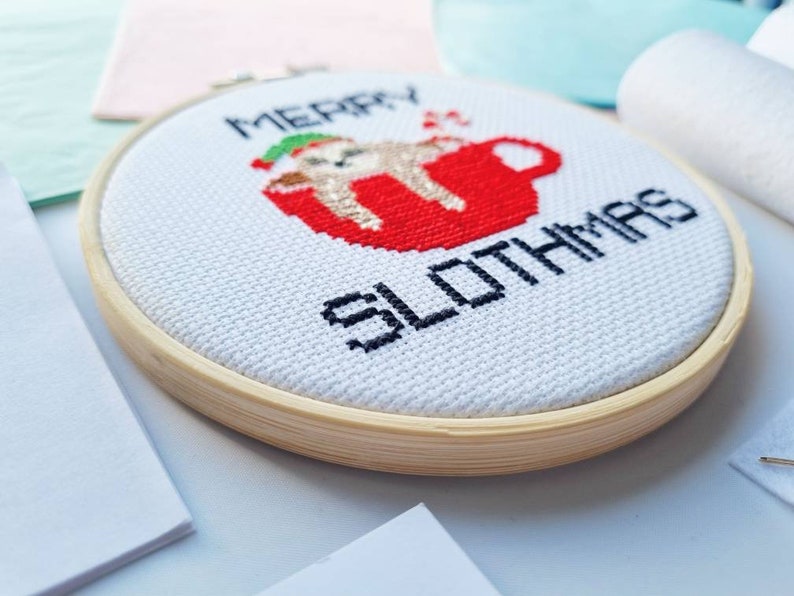 Merry Slothmas Cross Stitch Kit Sloth Cross Stitch Christmas Cross Stitch Kits Christmas embroidery kit Sloth Gifts Gift for her image 4