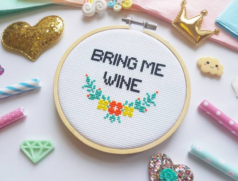 Wine Gift Bring Me Wine Wine Wine Art Wine Cross Stitch Hoop Wine Embroidery Gifts for Wine Lovers Wine Quotes Wine Sign image 5