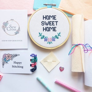 Home Sweet Home Cross Stitch Kit - Funny Cross Stitch - DIY Cross Stitch - Floral Cross Stitch - Modern Cross Stitch - Beginner Cross Stitch