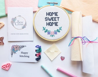 Home Sweet Home Cross Stitch Kit - Funny Cross Stitch - DIY Cross Stitch - Floral Cross Stitch - Modern Cross Stitch - Beginner Cross Stitch