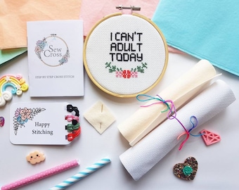 Cross Stitch Kit for Beginners, I Can't Adult Today, Floral Embroidery, Modern Cross Stitch Kit, DIY Craft Kit, Cross Stitch Pattern