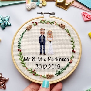 Personalised Family Portrait – Cotton Anniversary Gift - Wedding Gift Ideas - Custom Cross Stitch Portraits - Couple