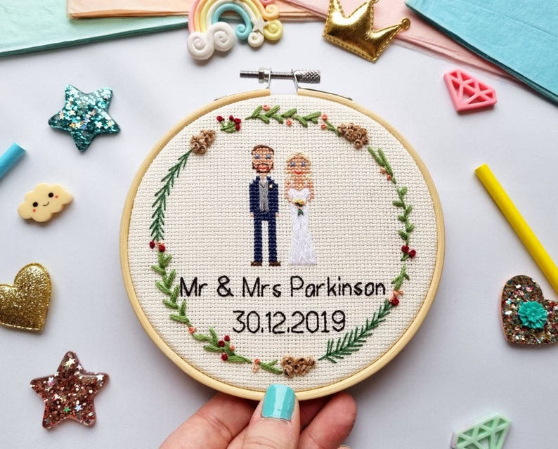 Wedding Cross Stitch Anniversary Gift Custom Portrait Personalised Mr & Mrs Gift Gift for Him Cotton Anniversary Gift Husband image 5