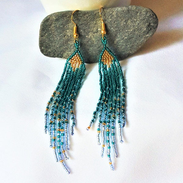 Native American Earrings Blue Seed bead earrings Gold Tribal Earrings Ethnic style Beaded Aquamarine earrings Turquoise Native Earrings Boho