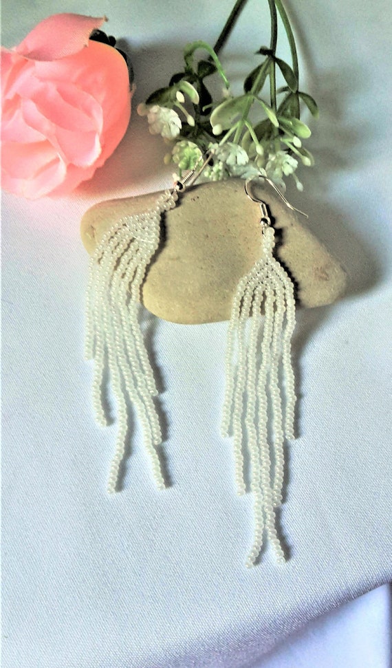 Native Earrings White Beaded Earrings Wedding Jewelry Native Etsy