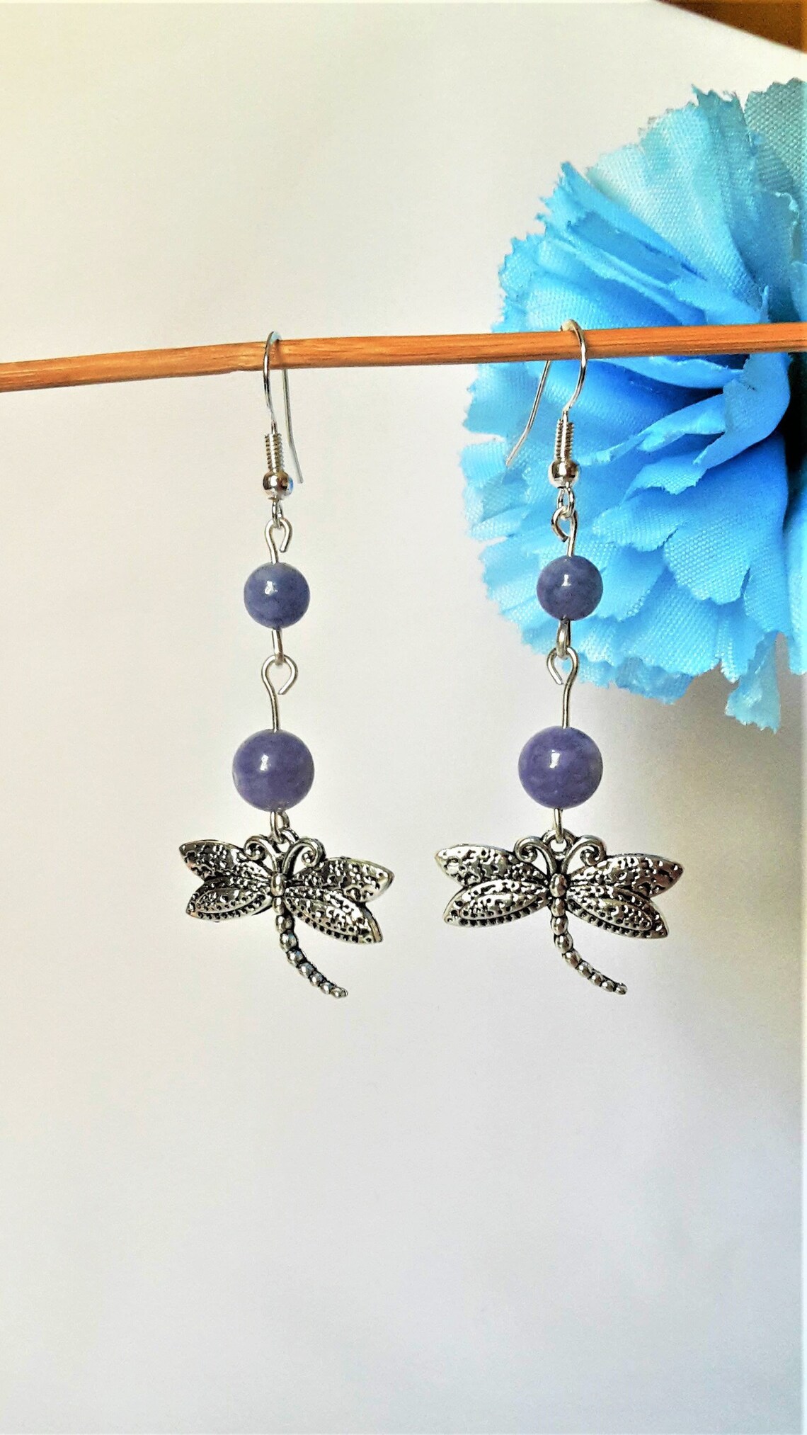 Dragonfly Earrings Silver Pale Blue Stone Earrings Angelite Jewelry ...