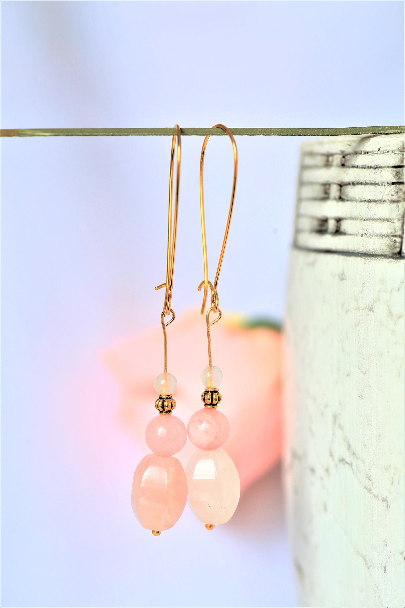 Stone Earrings Gold Pale Pink Stone Earrings Beaded Drop Pink | Etsy