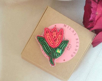 Tulip Brooch Red Flower Jewelry Seed Bead Victorian Jewelry Handmade Brooch For Girl Brooch Gift for Woman