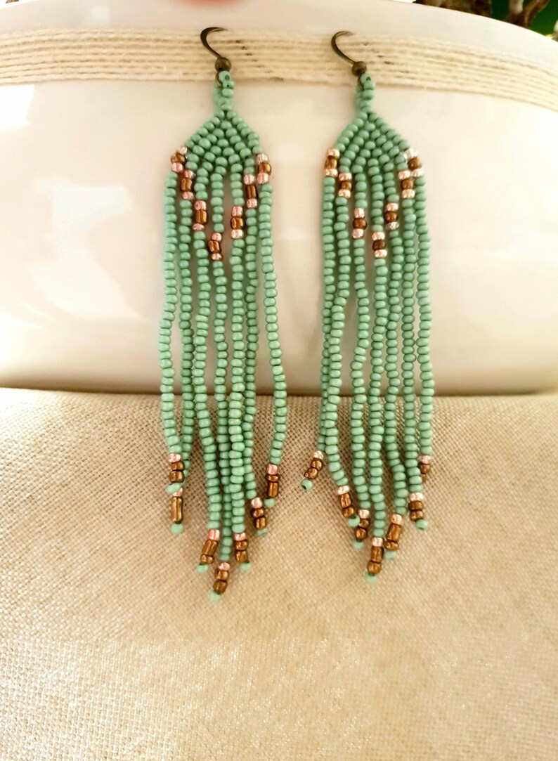 Beaded Native Earrings Dangle, Green Seed Bead Earrings, Southwestern