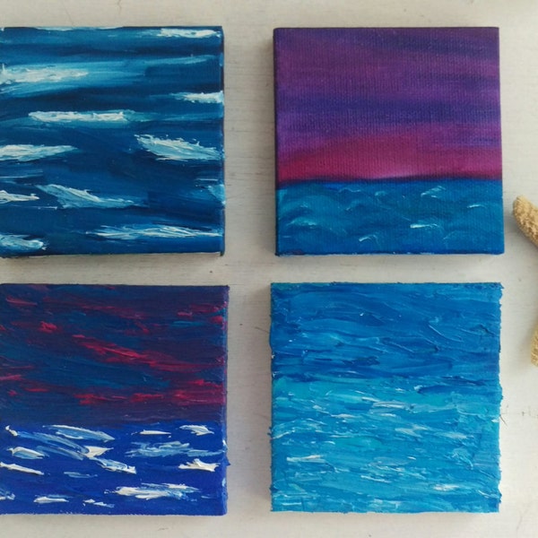 Set of 4 prints, set of 4 wall art, mini beach painting, mini beach scene, mini painting 3x3, mini painting, beach lovers gift, ocean art