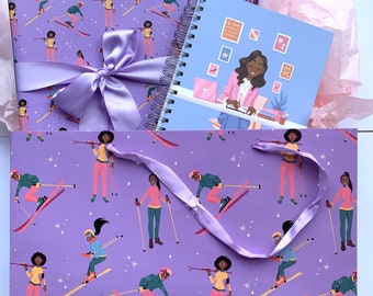 Large Purple Ski Girl Gift Bags, Afrocentric Winter Theme, Set of 5