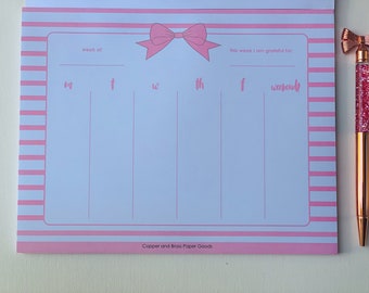 Pink Bow Weekly Planner Pad, Bow Decorated Planner, Weekly Notepad