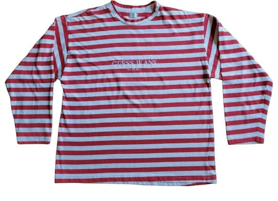 Vintage 90s Guess Red White Stripes Shirt L Large -