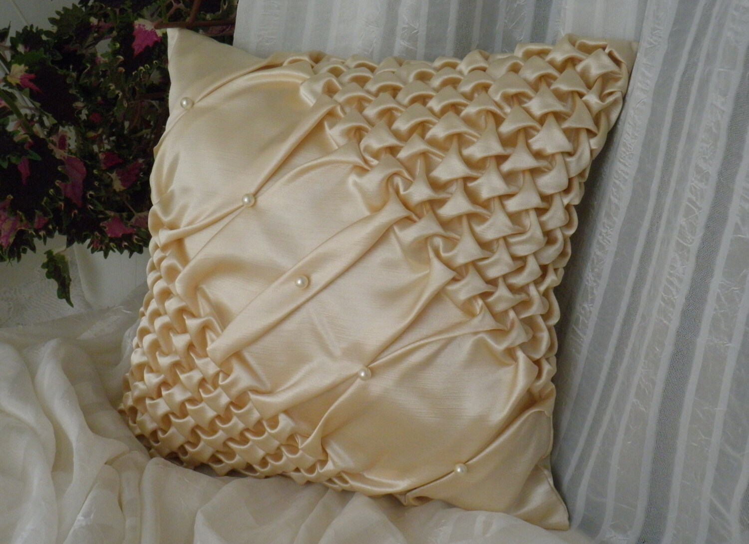 Smocked Beaded Gold Sofa Pillow Cushion Cover Yellow Throw Etsy
