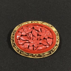 Antique Victorian Edwardian Chinese Carved Flower Cinnabar Brooch Pin Sterling Silver Victorian Art Deco Downton Abbey
