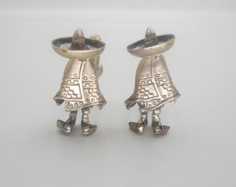 Antique Art Deco Mid Century Mexican Silver Cuff Links Cufflinks Mexico Sombrero Figure Cinco de Mayo!