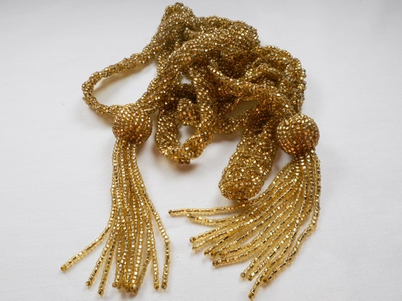 Antique Art Deco Gold Glass Bead Flapper Necklace - image 2