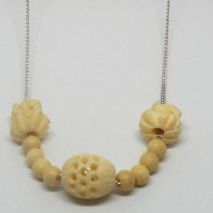 Antique Carved Bone Bead Necklace on Sterling Silver Chain Elephant Stars