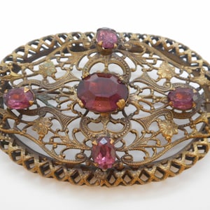 Art Deco Amethyst Brass Pin Brooch