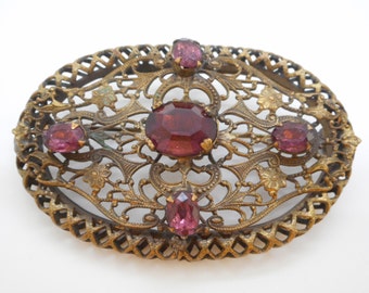 Art Deco Amethyst Brass Pin Brooch