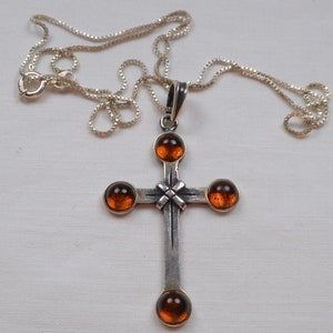 Vintage Cross Baltic Amber and Sterling Silver .925
