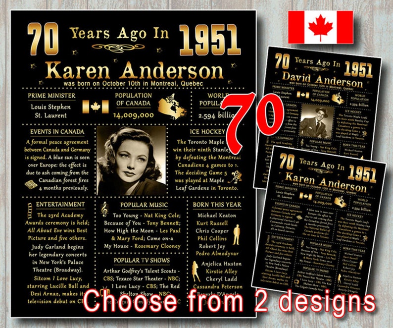 #6565 70 Years Ago in 1951 Sign with Photo 70th Gift PERSONALIZED Printable Files 1951 CANADIAN Version CANADA: 70th Birthday Poster