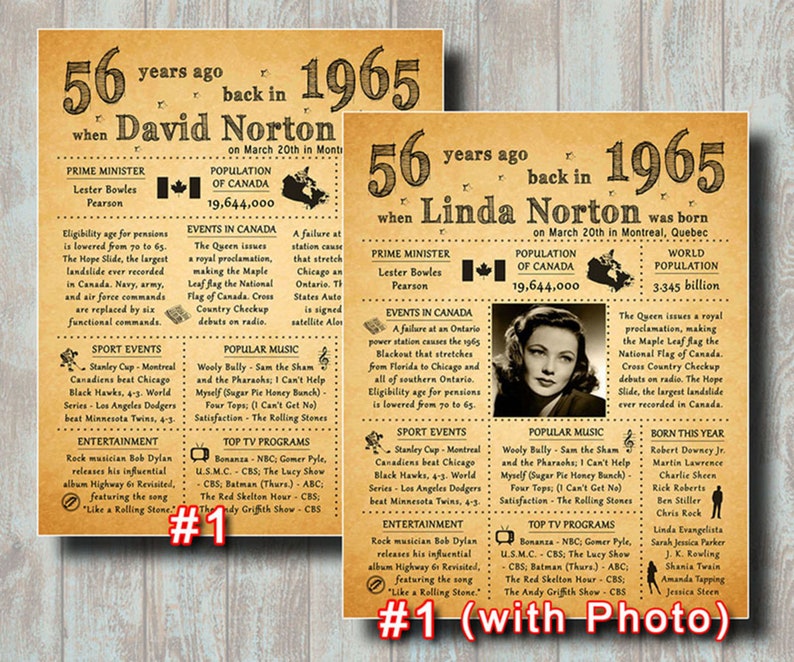 PERSONALIZED Printable Files CANADA: 56th Birthday Poster Sign with Photo 56th Gift #1644 1965 CANADIAN Version 56 Years Ago in 1965
