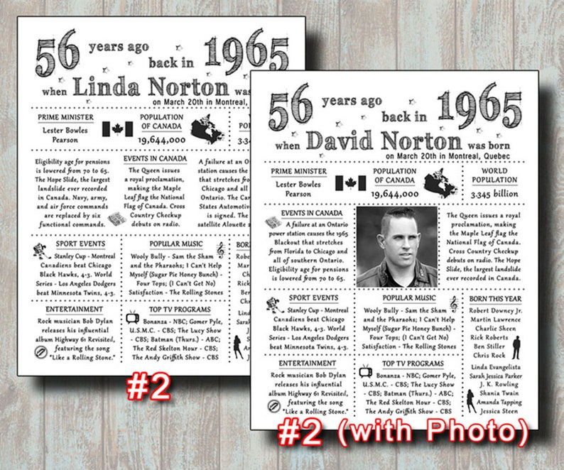 PERSONALIZED Printable Files CANADA: 56th Birthday Poster Sign with Photo 56th Gift #1644 1965 CANADIAN Version 56 Years Ago in 1965