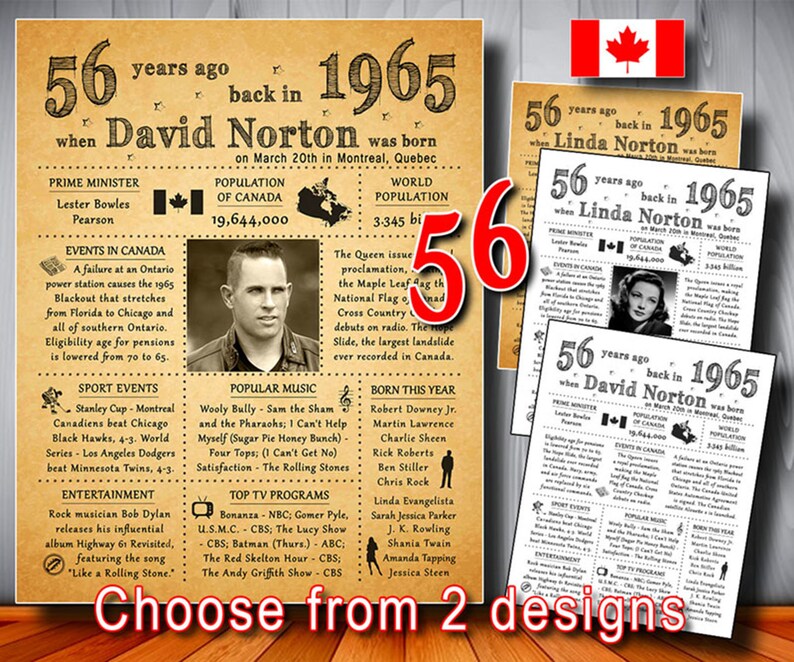 PERSONALIZED Printable Files CANADA: 56th Birthday Poster Sign with Photo 56th Gift #1644 1965 CANADIAN Version 56 Years Ago in 1965
